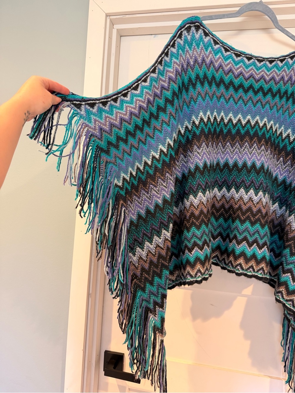 Chevron Fringe Knit Poncho - Teal, Purple, Black Mix - Picture 3 of 4
